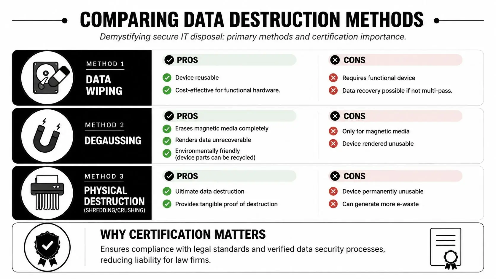 A comparison chart outlining data wiping, degaussing, and physical destruction methods for secure IT asset disposal.