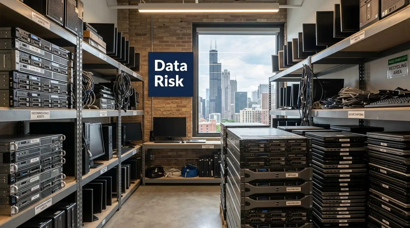 A secure server room for electronic recycling in Chicago featuring stacked server hardware and e-waste disposal bins.