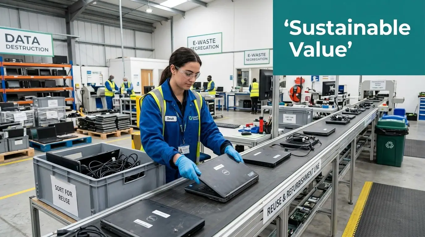 A technician wearing safety gear inspects and sorts used laptops on a recycling and refurbishment conveyor belt.