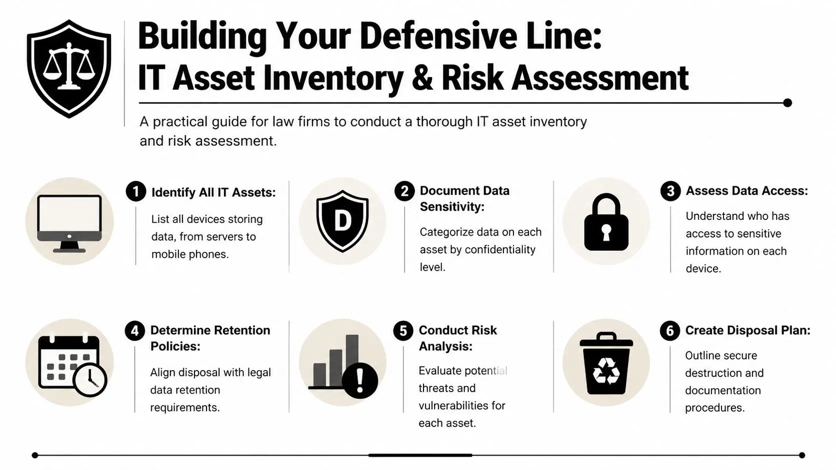 An infographic titled Building Your Defensive Line showing a six-step process for IT asset inventory and risk assessment.