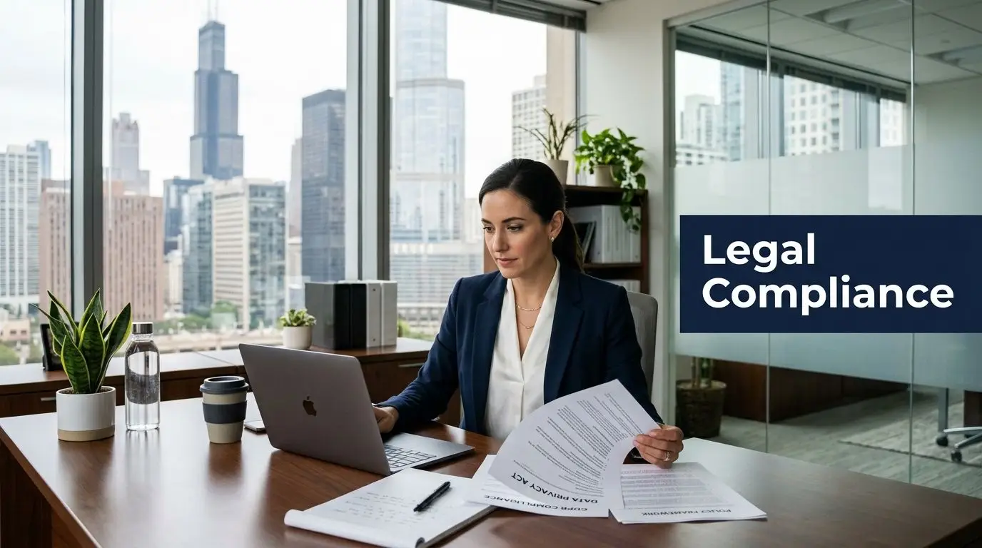 A professional woman reviews legal documents while working on a laptop in a Chicago corporate office.