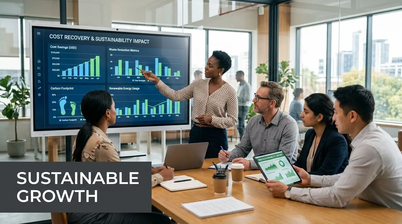 A diverse team of professionals collaborating in a bright office meeting while analyzing sustainability data dashboards.