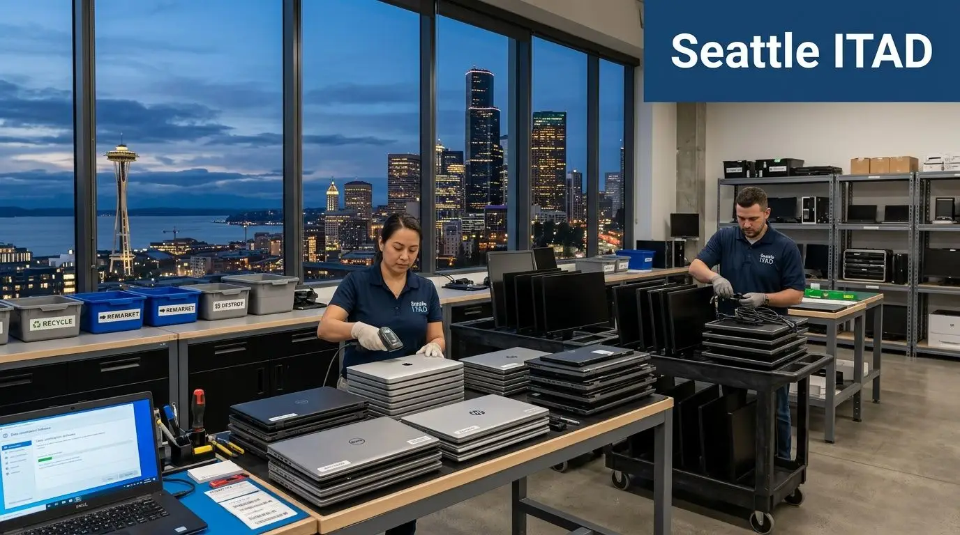 A professional IT technician scans laptops for sustainable IT asset disposition in a modern Seattle office.