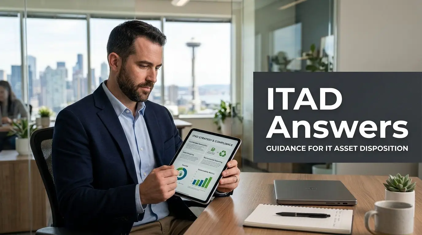 A professional man in a business suit holding a tablet showing an IT asset disposition strategy in Seattle.