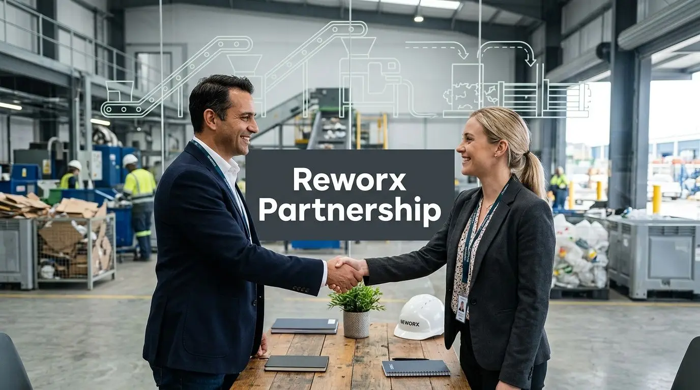 A professional man and woman shake hands in a warehouse setting, symbolizing a waste management partnership.