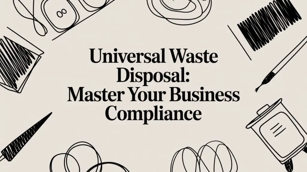 Text "Universal Waste Disposal: Master Your Business Compliance" is centered on a beige background, surrounded by black, abstract line drawings of waste items and containers.