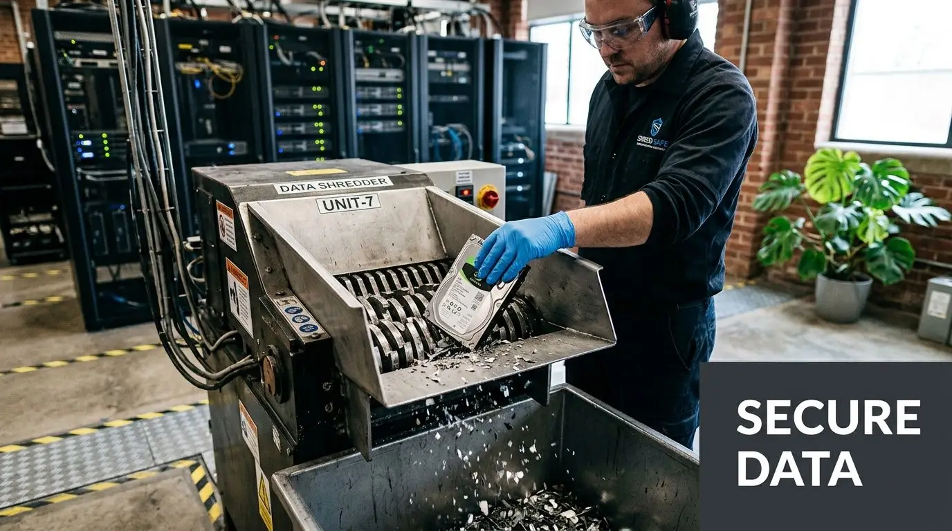 A professional technician wearing safety gear destroys a computer hard drive using an industrial data shredding machine.