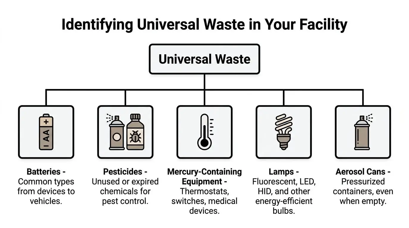 A diagram illustrating five types of universal waste: batteries, pesticides, mercury-containing equipment, lamps, and aerosol cans.