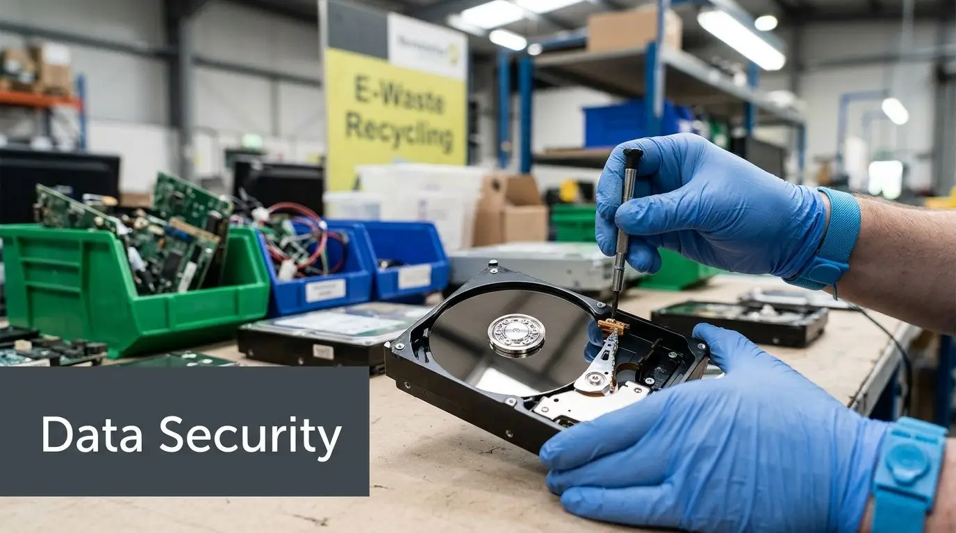A technician wearing blue gloves disassembles a hard drive for secure data destruction in a recycling facility.