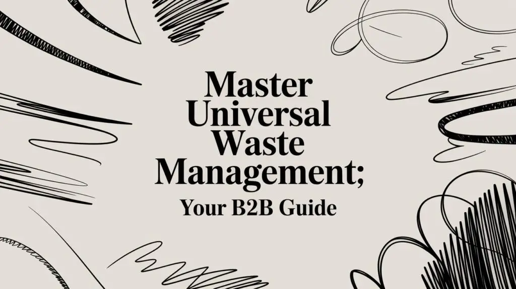 Text in bold black font reads "Master Universal Waste Management; Your B2B Guide" on a light background with abstract black line doodles surrounding the text.