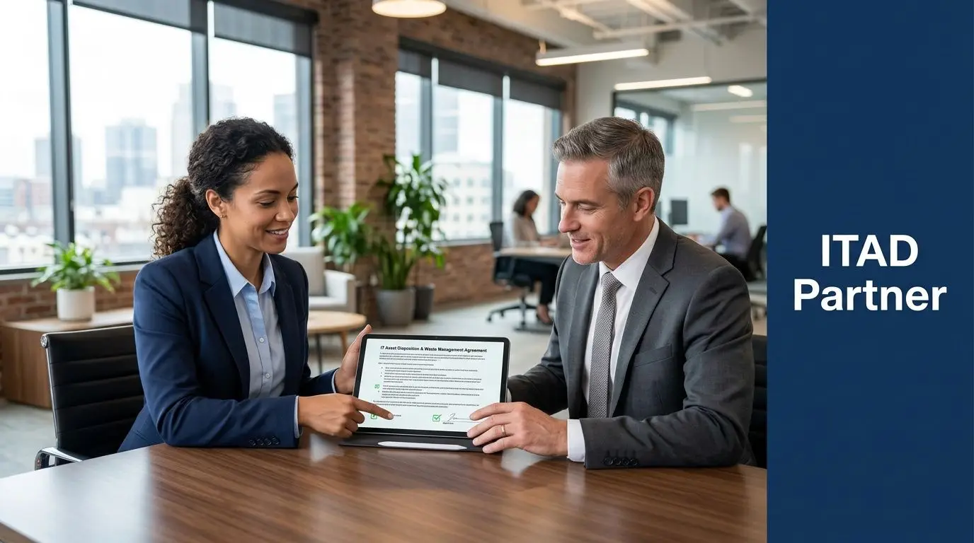 A professional man and woman discussing an IT asset disposition and waste management agreement on a tablet.