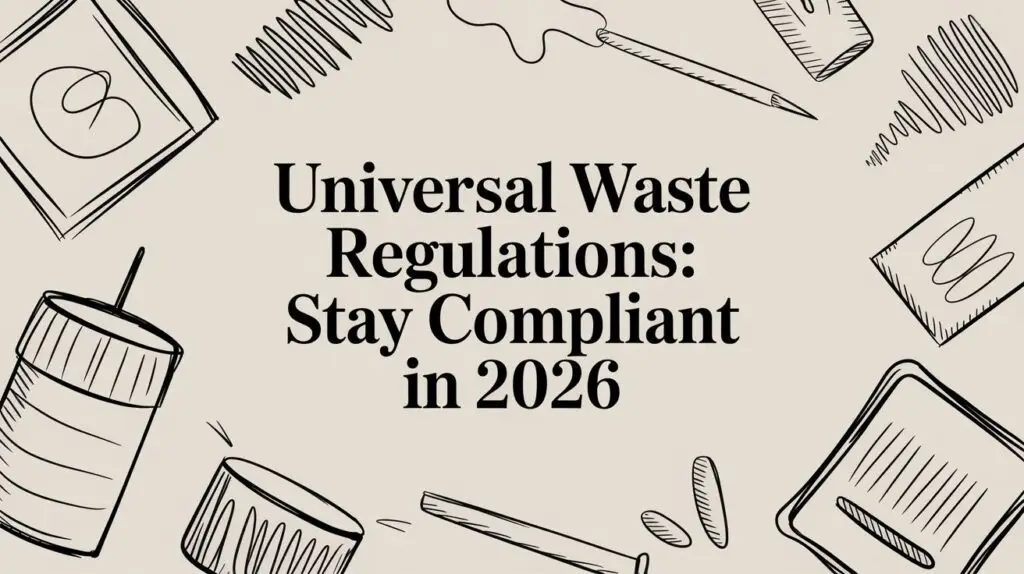 Text reads, "Universal Waste Regulations: Stay Compliant in 2026," surrounded by sketched images of various waste items and containers on a beige background.