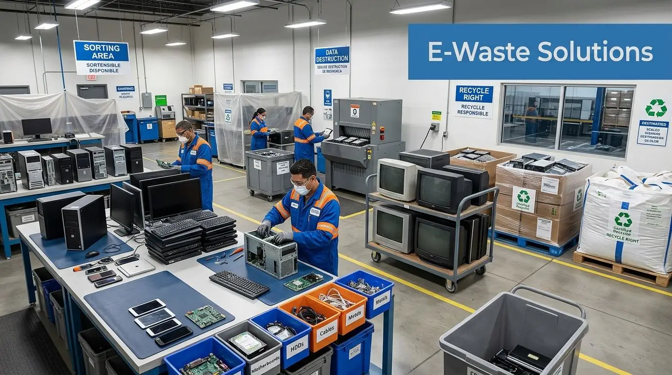 Workers in uniforms sorting and processing electronic waste in a professional e-waste recycling facility warehouse.