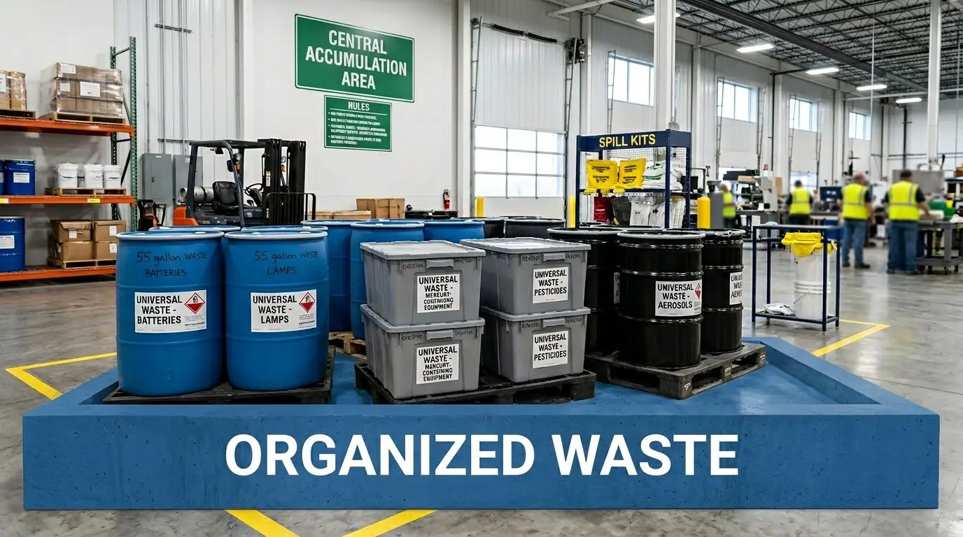 A central accumulation area in an industrial warehouse featuring organized containers for universal waste disposal and management.