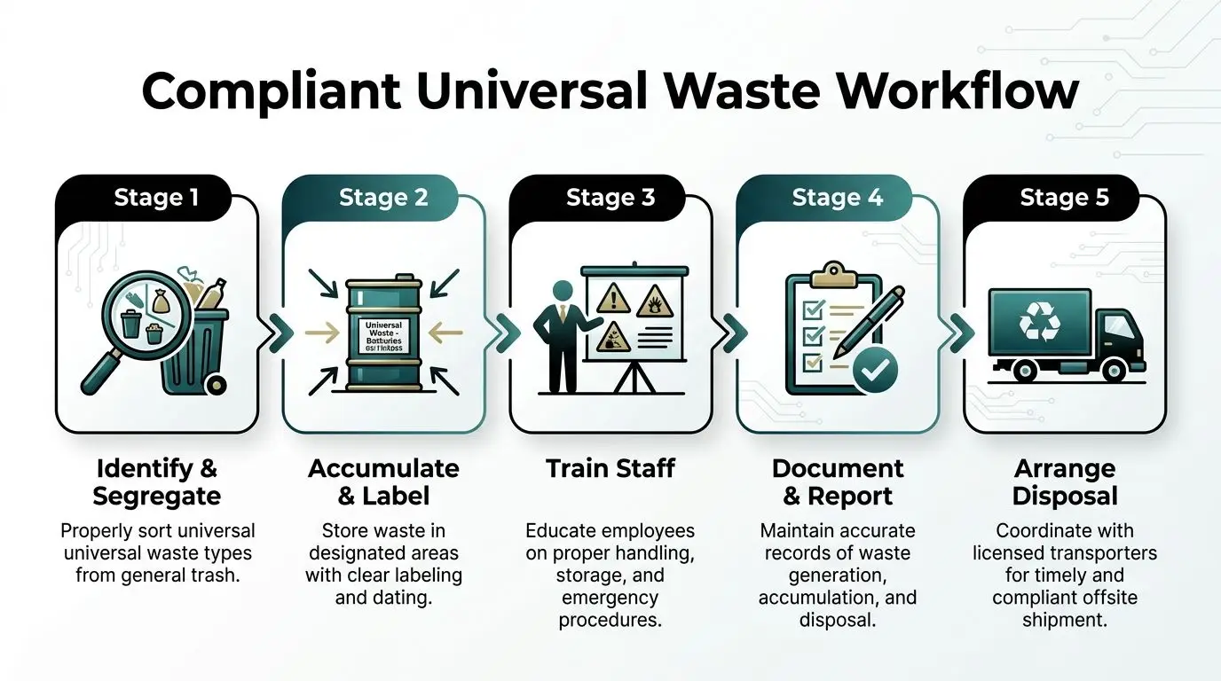 A five-stage workflow diagram outlining the compliant process for identifying, storing, training, reporting, and disposing of universal waste.