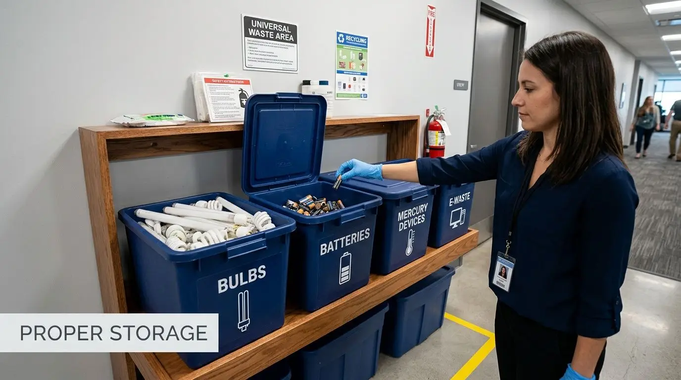 A woman in a blue shirt placing a battery into a labeled recycling bin for universal waste.