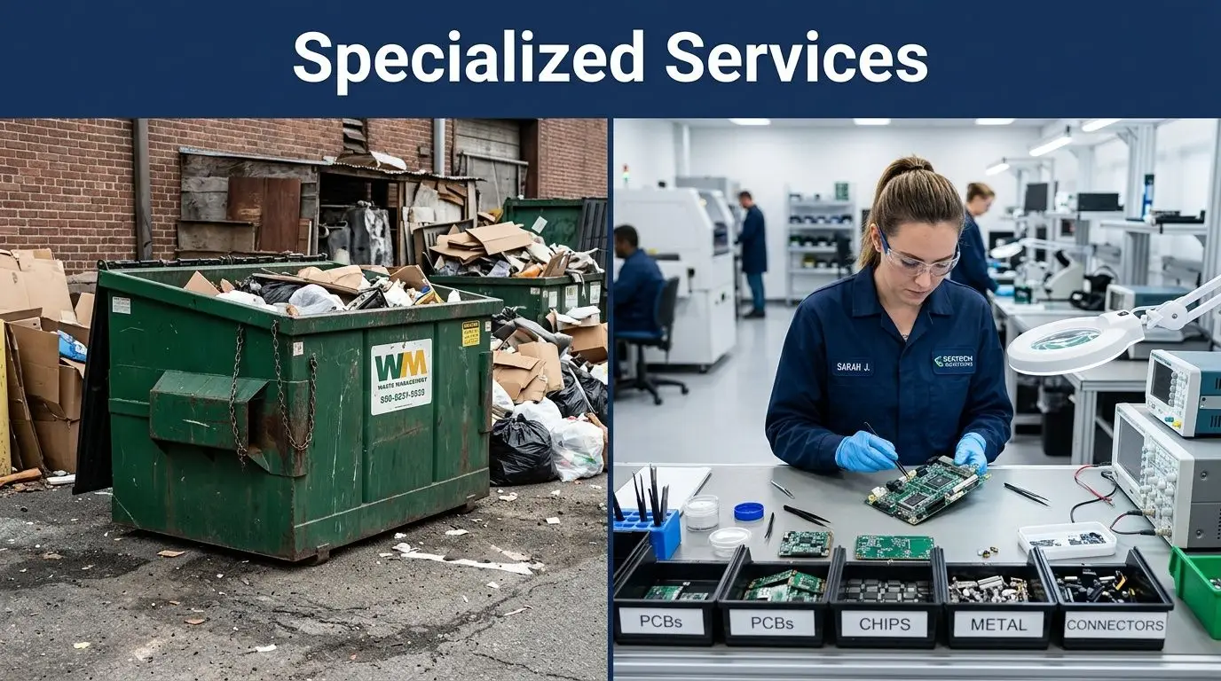 A split-screen comparison showing industrial waste dumpsters on the left and a clean, high-tech electronic component recycling lab.