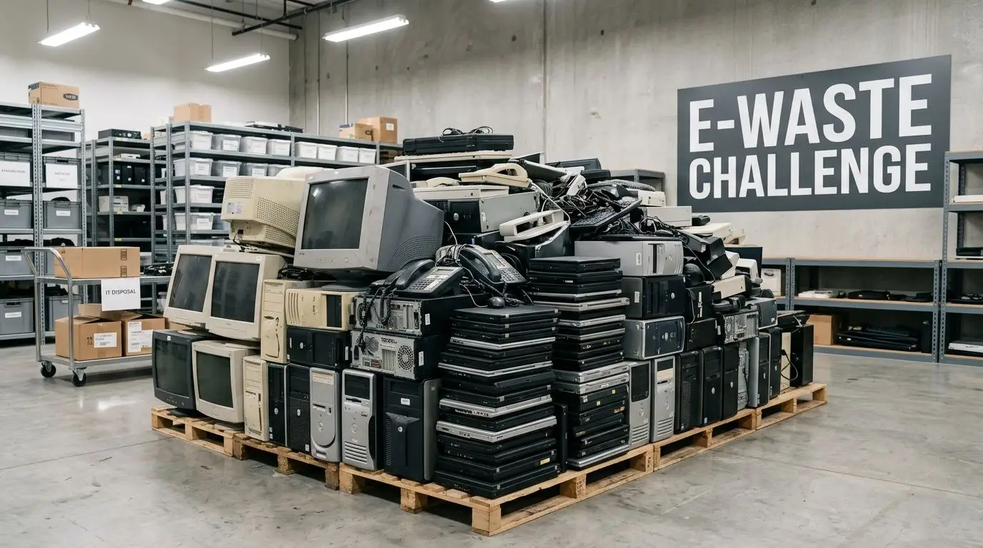 A large wooden pallet piled high with discarded computers and electronic waste for recycling in a warehouse.