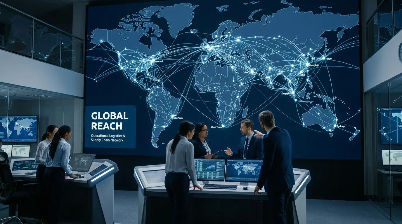 A professional team of logistics experts collaborating in a high-tech control center with a large global map display.