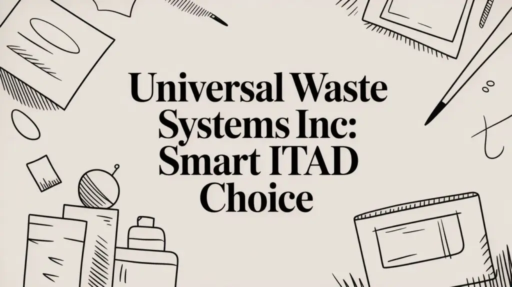 Text "Universal Waste Systems Inc: Smart ITAD Choice" is centered on a cream background with black line art illustrations of office supplies, such as paper, a box, a pen, and a beaker, surrounding the text.