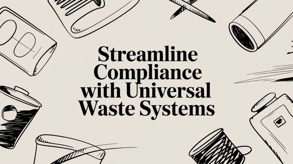 Hand-drawn illustrations of various waste items surround the text "Streamline Compliance with Universal Waste Systems" on a light background.
