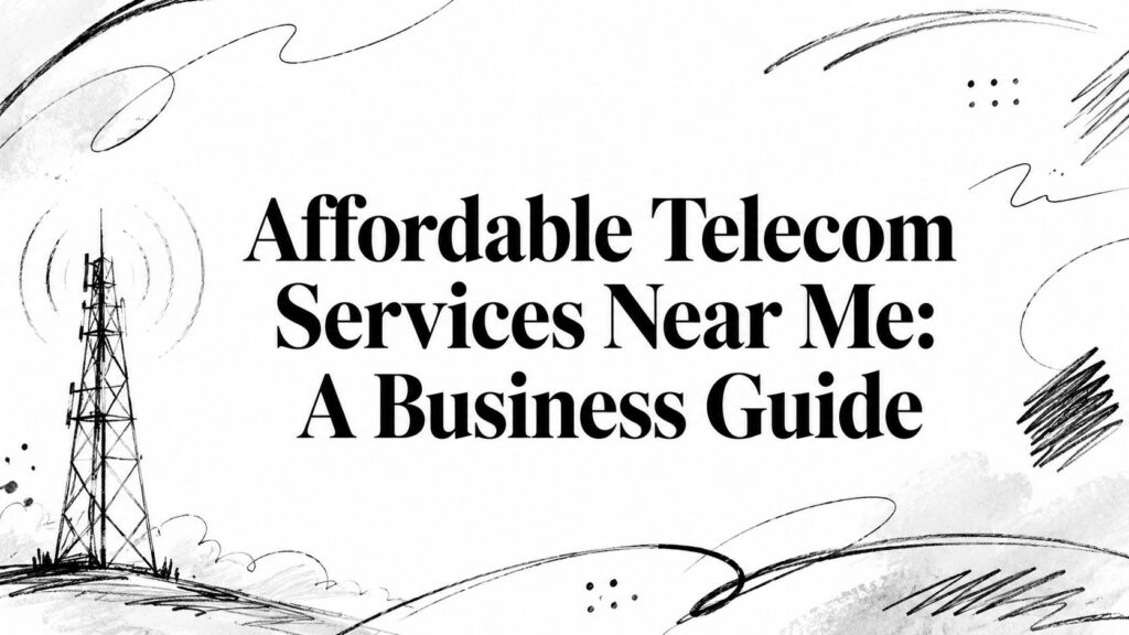Affordable Telecom Services Near Me: A Business Guide" with a sketch of a telecom tower and clouds.