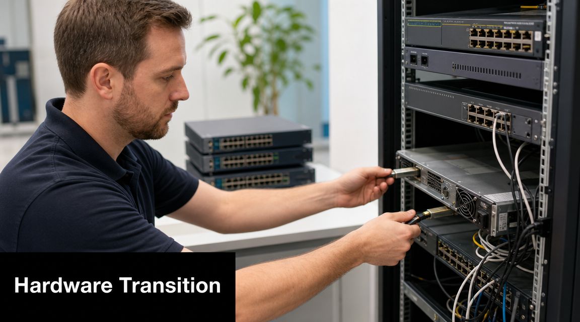 An IT technician installing networking hardware and cables into a server rack during a system upgrade process.