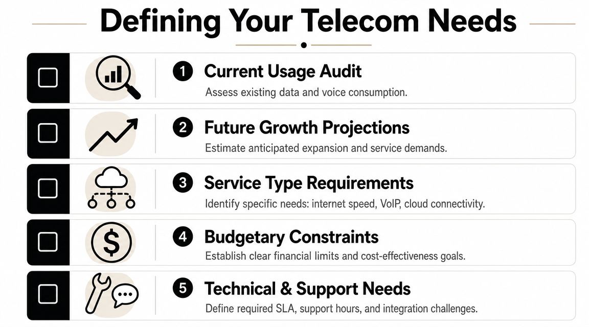 A checklist titled Defining Your Telecom Needs listing five essential steps for assessing business telecommunications requirements.
