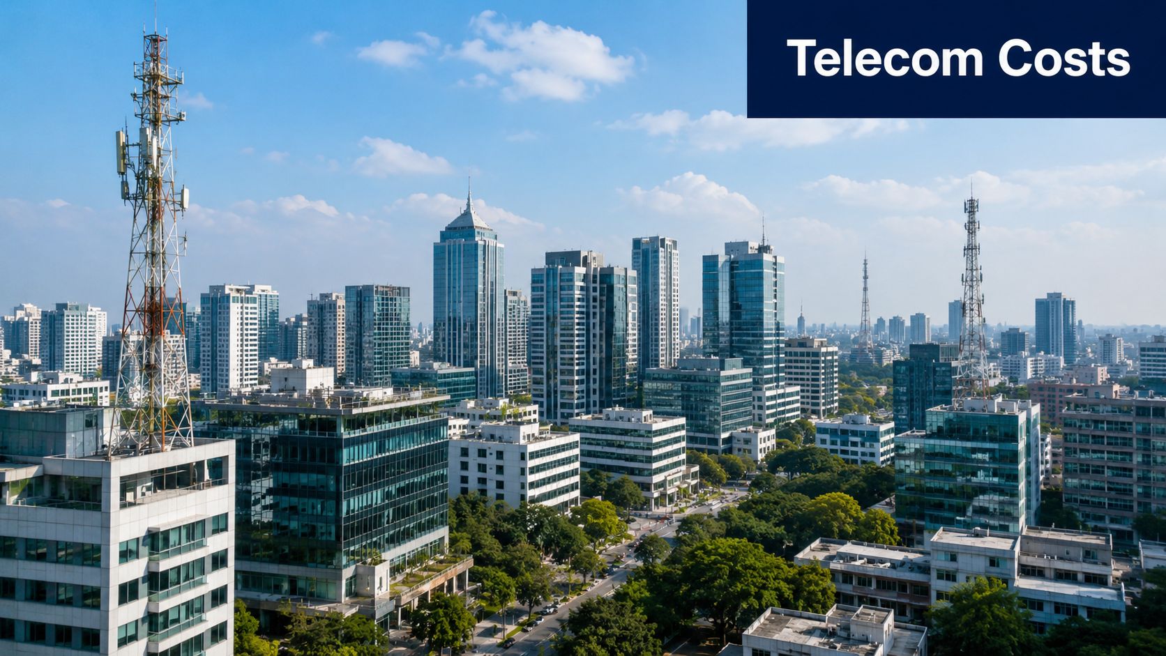 A city skyline featuring multiple telecommunication towers on top of modern office buildings under a blue sky.