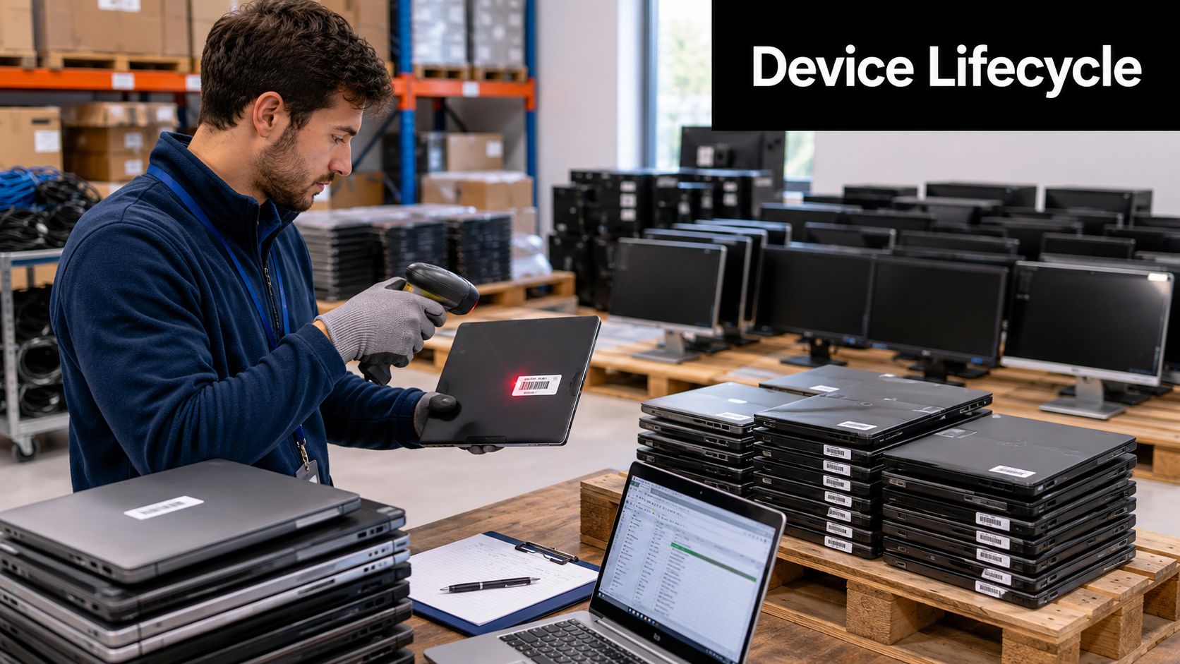 A technician wearing gloves scans a laptop barcode in a warehouse filled with IT hardware and computer monitors.