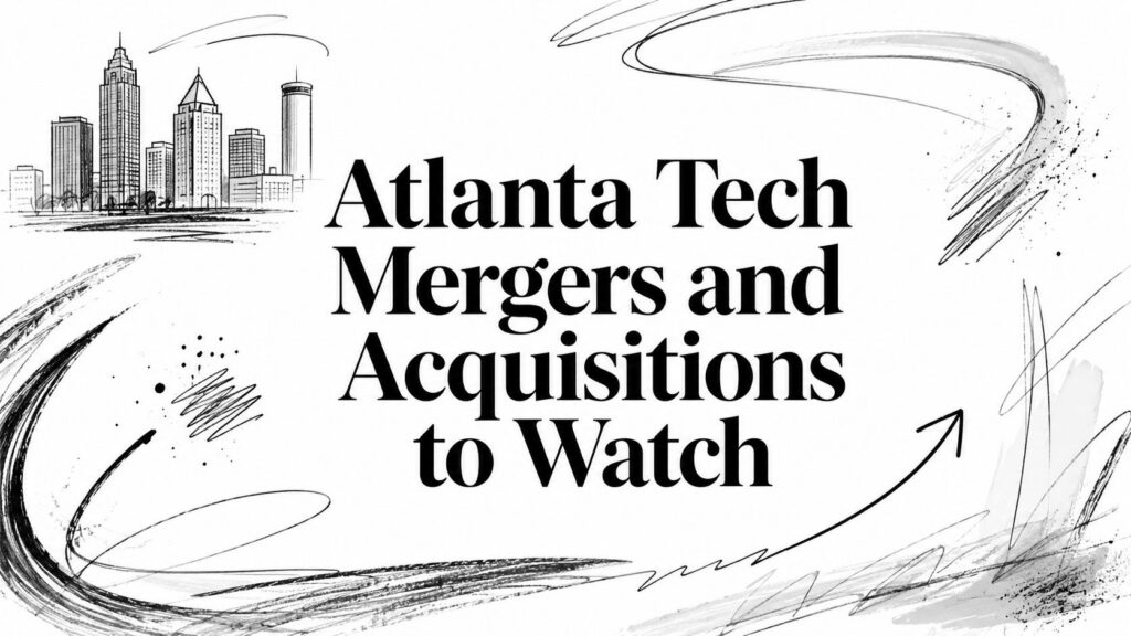 Atlanta Tech Mergers and Acquisitions to Watch" over a cityscape with abstract black brushstrokes.