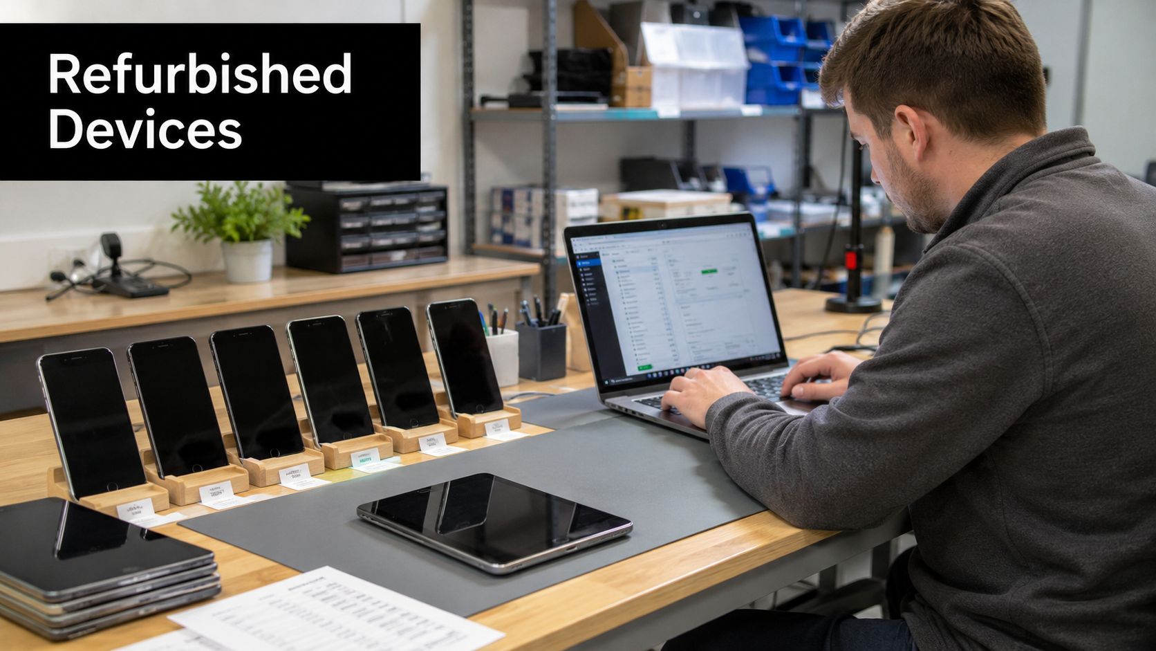 A technician works on a laptop in an office surrounded by refurbished smartphones and tablets on desks.