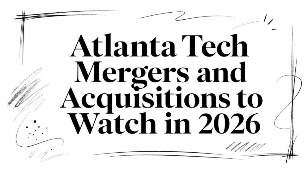 Image displays "Atlanta Tech Mergers and Acquisitions to Watch in 2026" over abstract black sketches.