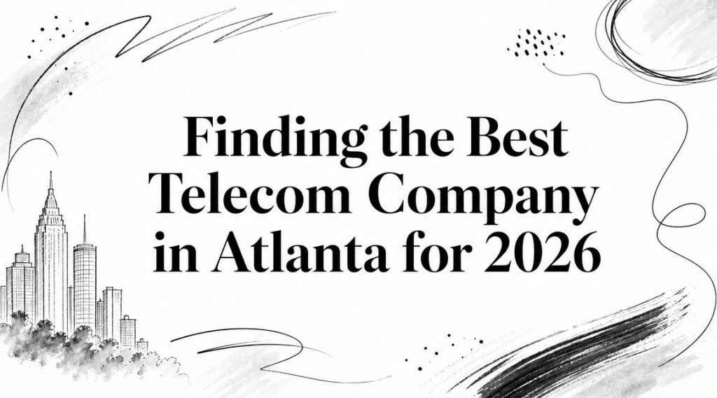 A cityscape with abstract lines illustrates "Finding the Best Telecom Company in Atlanta for 2026.