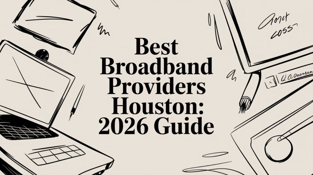 A graphic with the text "Best Broadband Providers Houston: 2026 Guide" surrounded by sketches of laptops, a notepad, a pen, and scattered sheets of paper.