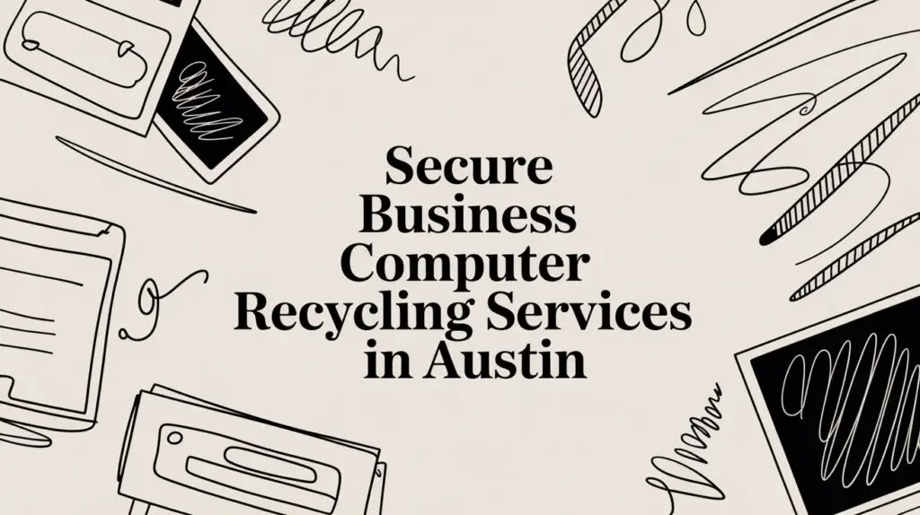 Black text in the center reads "Secure Business Computer Recycling Services in Austin," surrounded by abstract black line drawings of computer devices and scribbles on a light background.