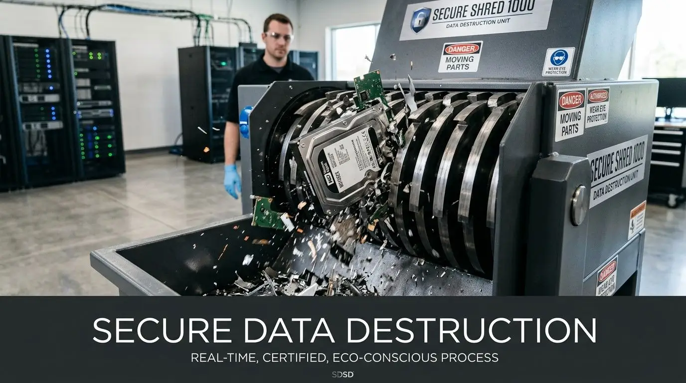 A technician observes a Western Digital hard drive being destroyed by an industrial data shredder machine.