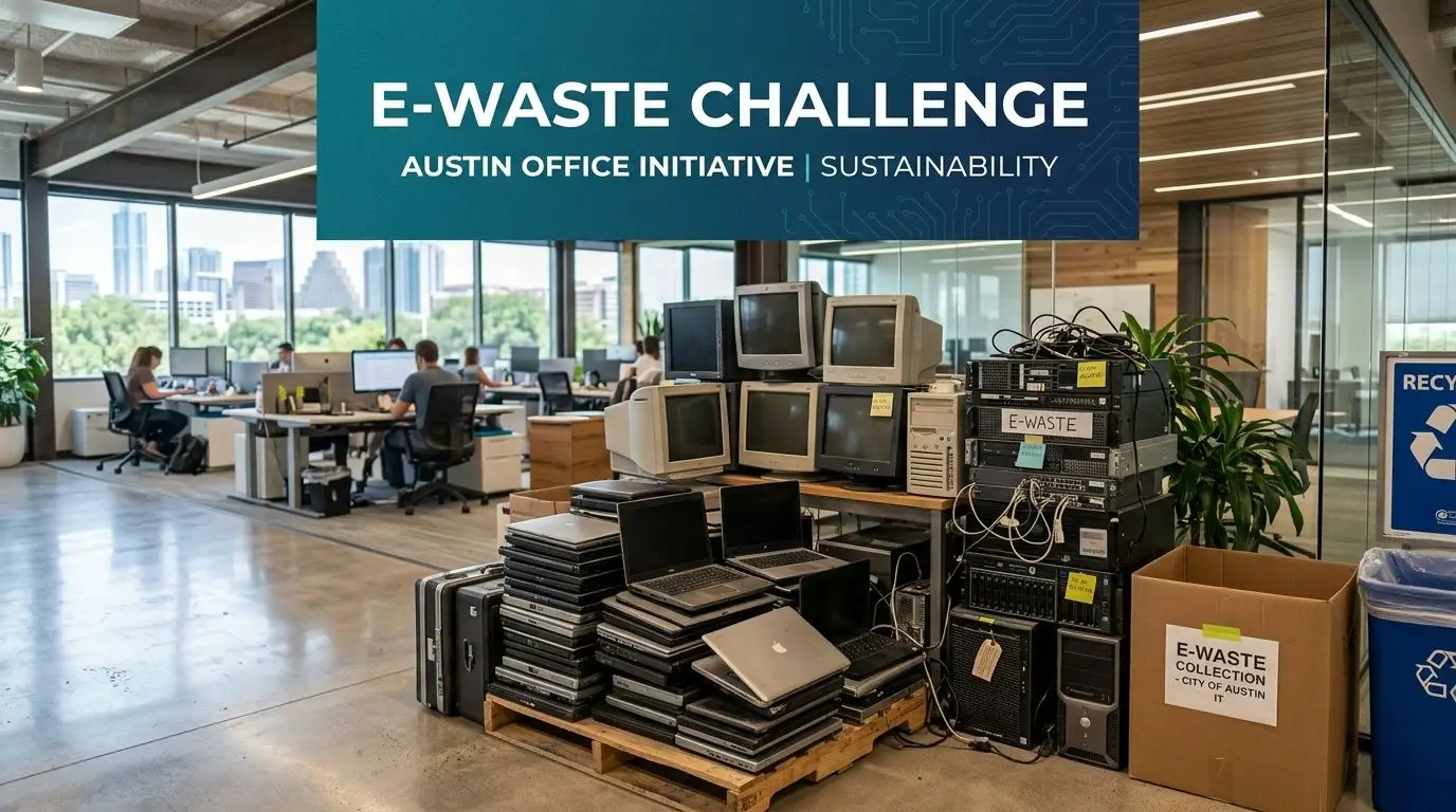 A collection of old computers and electronics stacked on a pallet for e-waste recycling in an office.