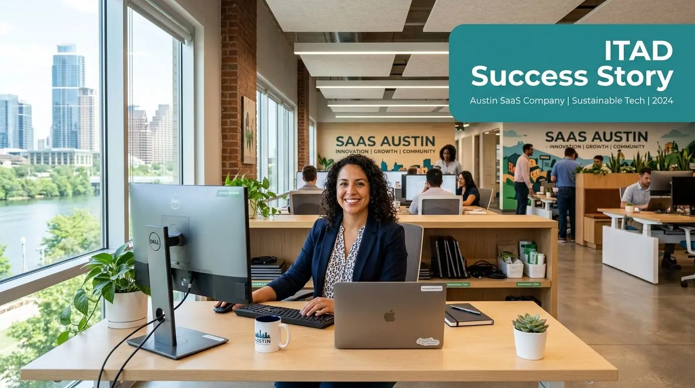 A smiling professional woman working on a laptop at an office desk overlooking the Austin skyline.