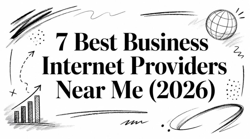 Text graphic with the words "7 Best Business Internet Providers Near Me (2026)" in bold, surrounded by black and white sketches of a globe, arrows, graphs, and abstract lines.