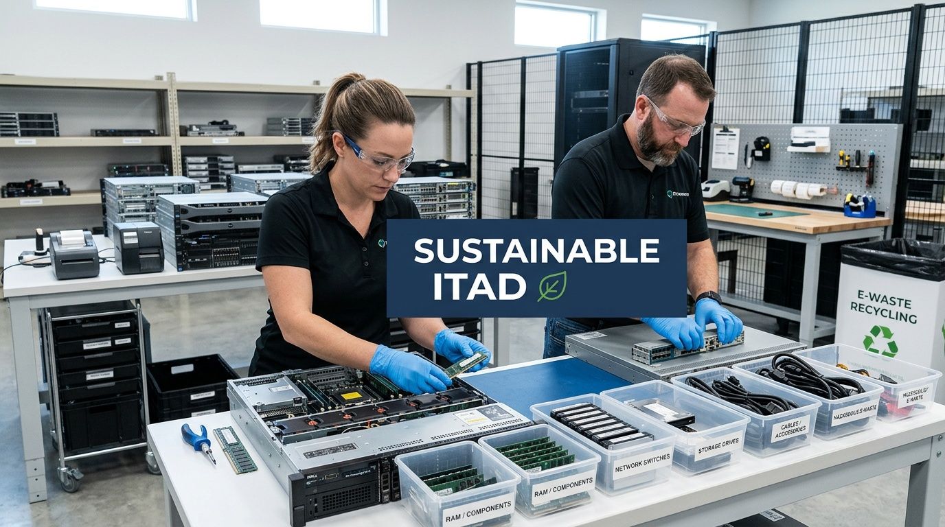 Two technicians in a warehouse environment processing refurbished server hardware and electronics for sustainable IT asset disposition.