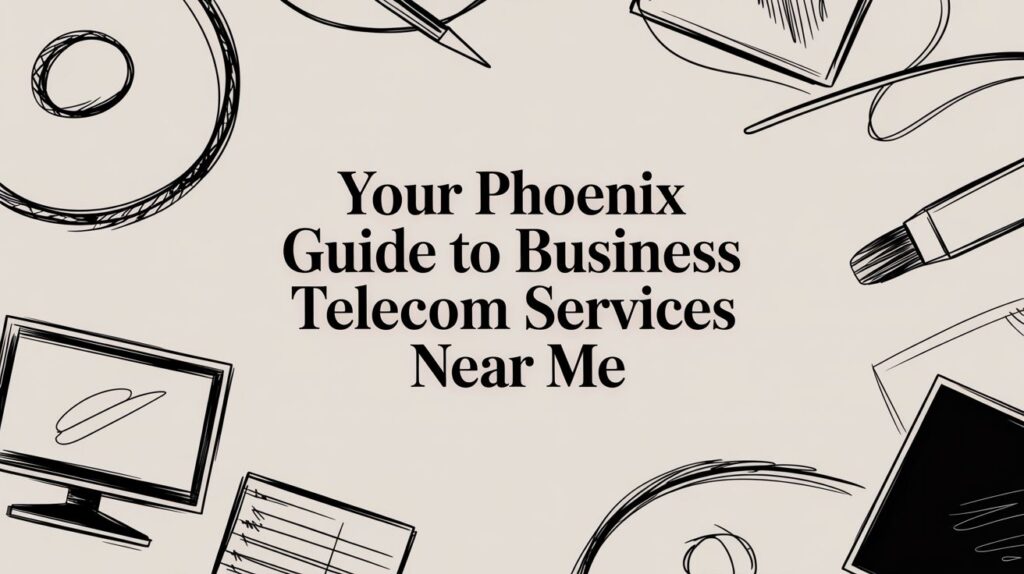 Text reads: Your Phoenix Guide to Business Telecom Services Near Me, surrounded by sketches of office supplies like a computer monitor, notebook, pen, and paper.