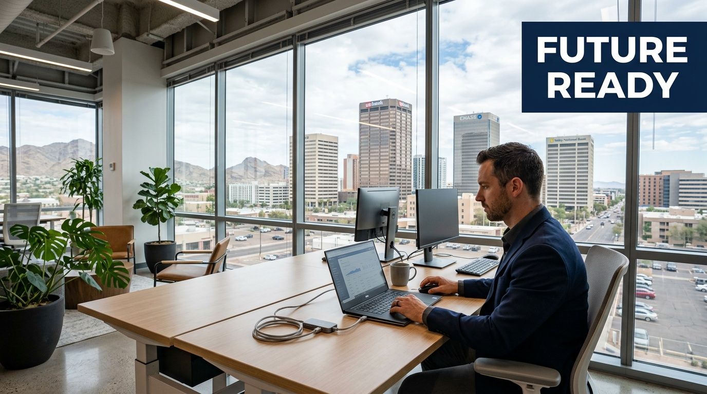 A professional man working on a laptop at a bright office desk overlooking a city skyline view.