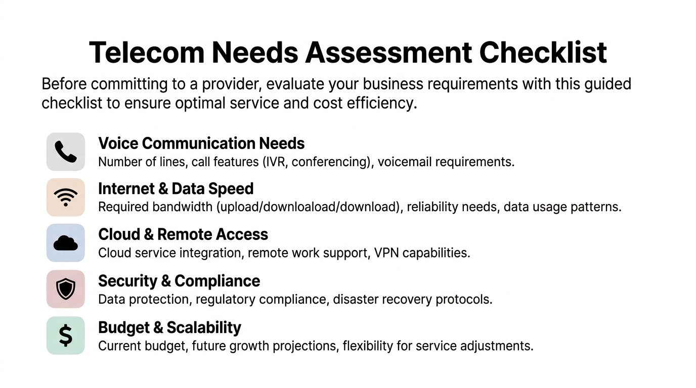 A checklist infographic outlining key factors to evaluate when selecting business telecommunication services and providers.