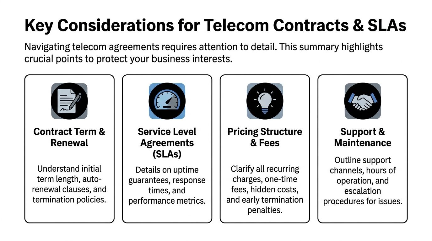 An infographic titled Key Considerations for Telecom Contracts & SLAs, listing four critical factors for business agreements.