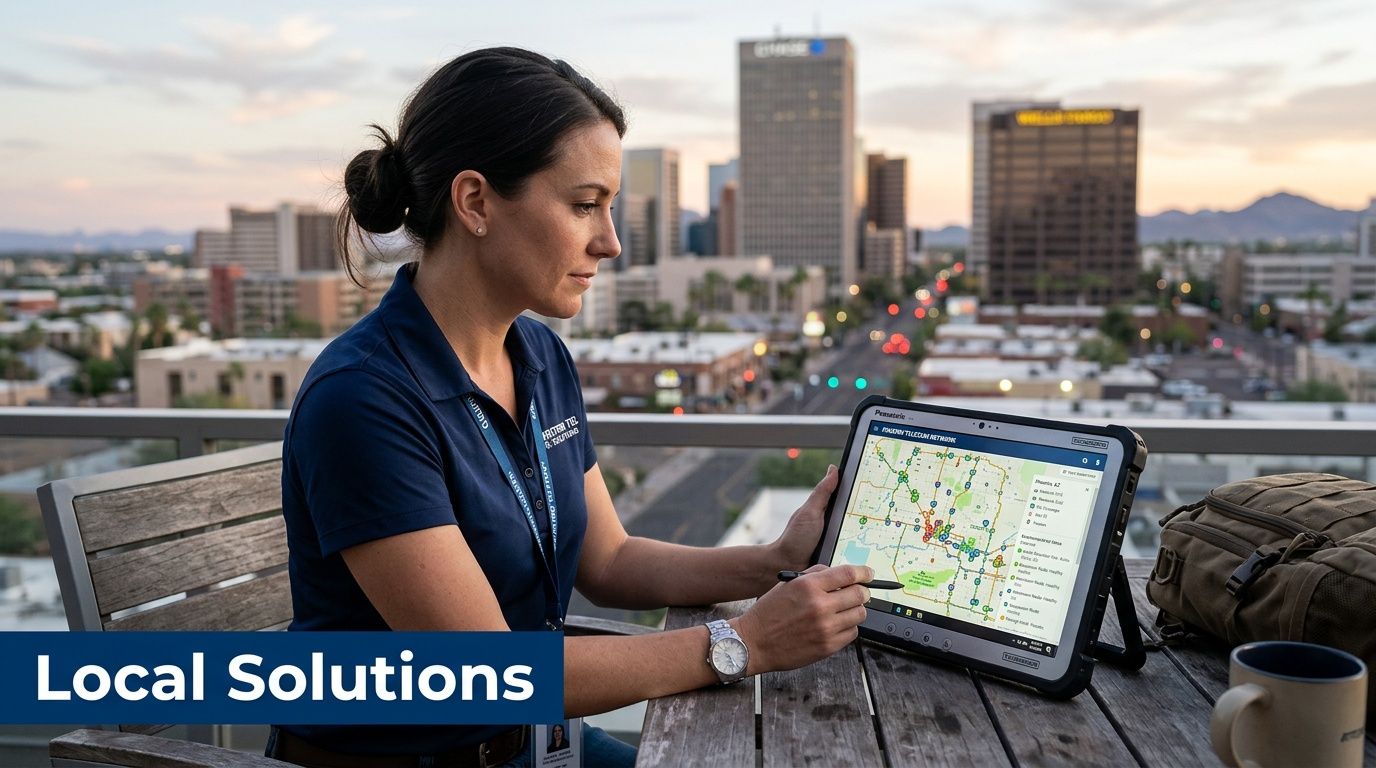 A professional technician using a tablet on a rooftop to monitor telecom network infrastructure in the city.