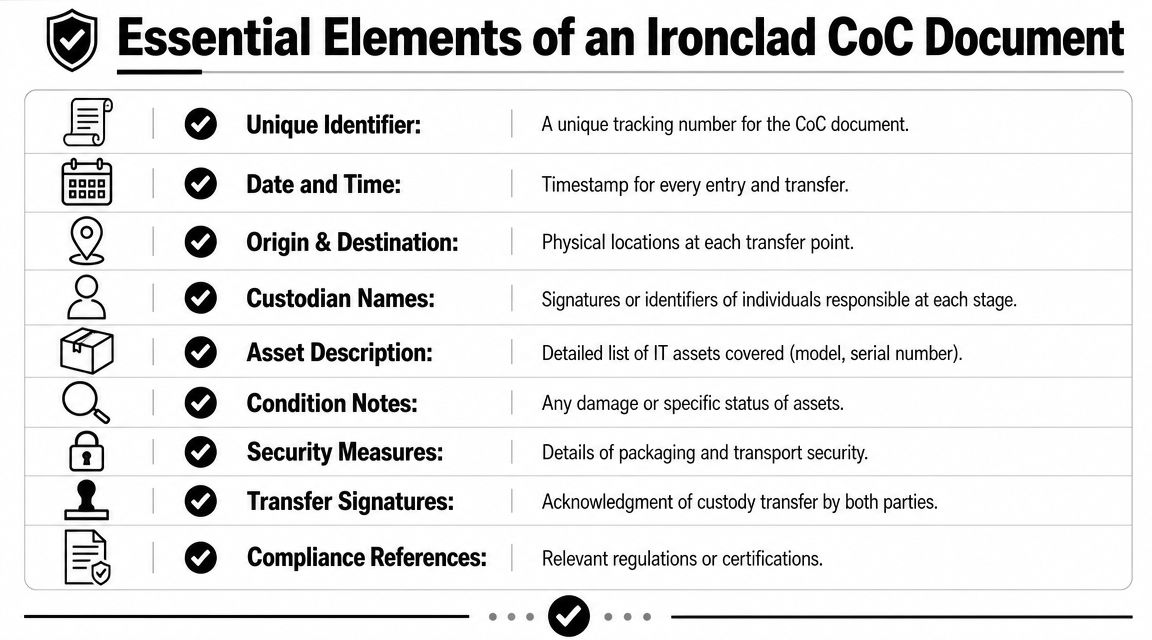 An infographic detailing the nine essential elements of an ironclad chain of custody documentation process for IT assets.