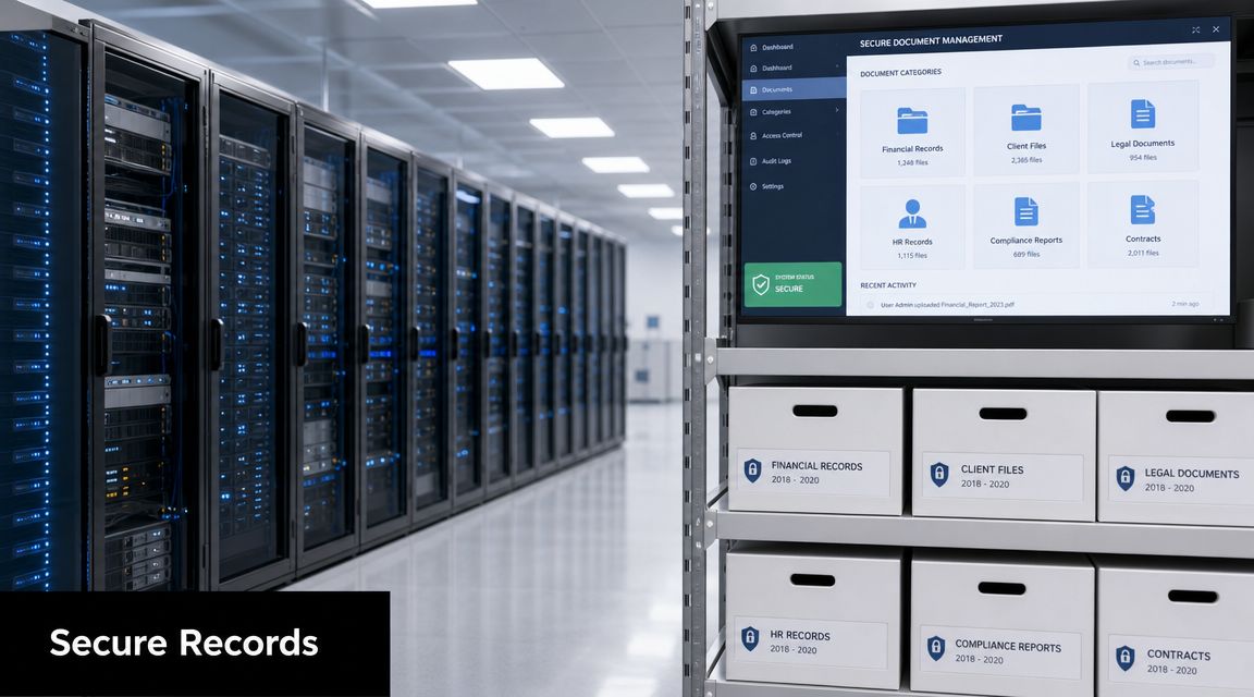 A server room with digital document management interface displayed on a monitor and physical archive storage boxes.