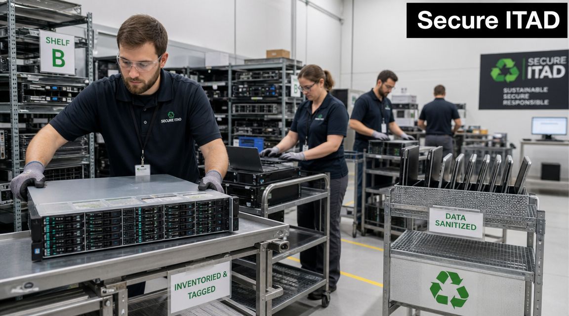 A team of technicians in a warehouse processing enterprise hardware with proper inventory and data sanitization protocols.