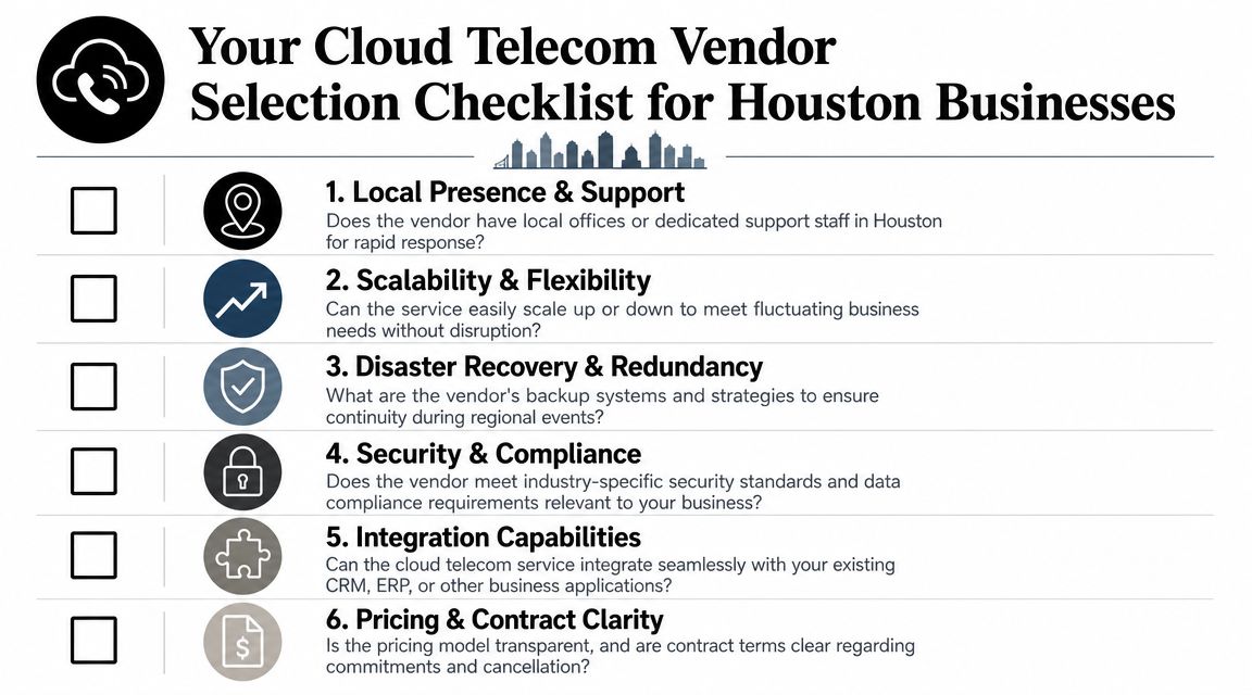 A checklist for Houston businesses to evaluate cloud telecom vendors, featuring six key criteria for selection.